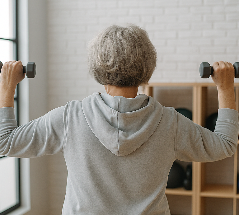Ältere Frau mit grauem Haar hebt zwei Hanteln in einem hellen Fitnessraum mit Regal und großen Fenstern im Hintergrund. | © ChatGPT