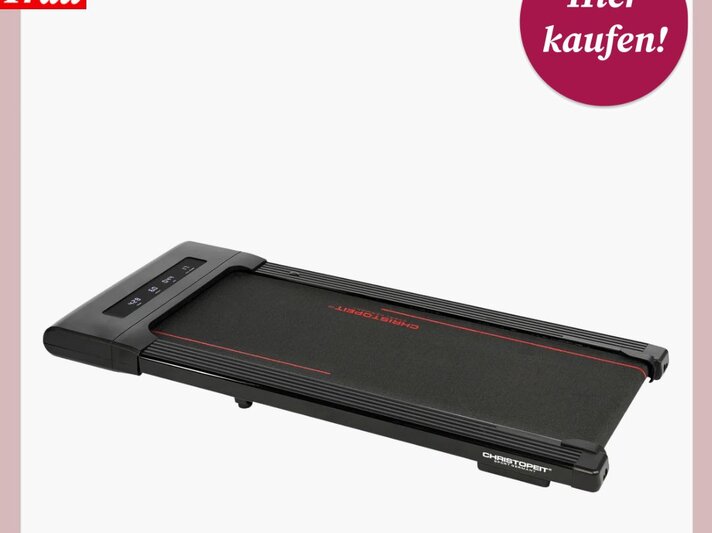 Flaches, modernes Walking Pad von Lidl mit rutschfester Lauffläche und roten Details, umgeben von einem schlichten Rahmen. | © Lidl 