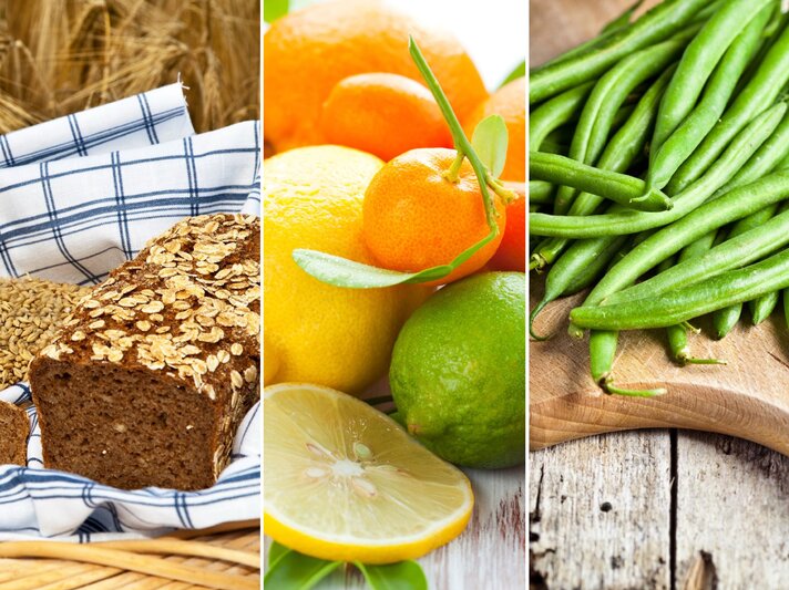 Collage von einem Brotkorb mit dunklem Brot, verschiedenen Zitrusfrüchten und einem Holzbrett auf dem grüne Bohnen liegen. | © iStock / foto-rolf, iStock / Sarsmis, iStock / marylooo (M)