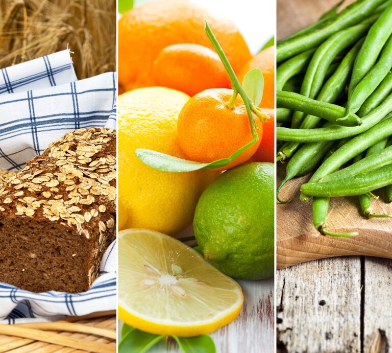 Collage von einem Brotkorb mit dunklem Brot, verschiedenen Zitrusfrüchten und einem Holzbrett auf dem grüne Bohnen liegen. | © iStock / foto-rolf, iStock / Sarsmis, iStock / marylooo (M)