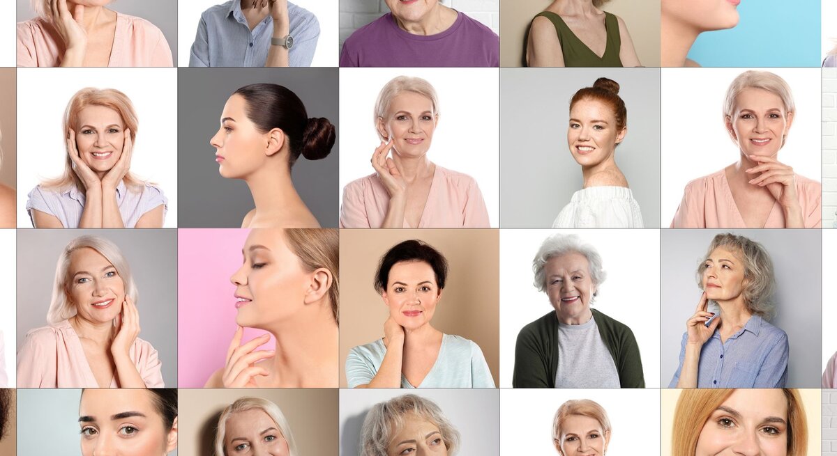  Collage aus vielen Porträts von Frauen unterschiedlichen Alters. Die Fotos sind in einem Raster angeordnet, und jede Frau zeigt verschiedene Gesichtsausdrücke und Posen.