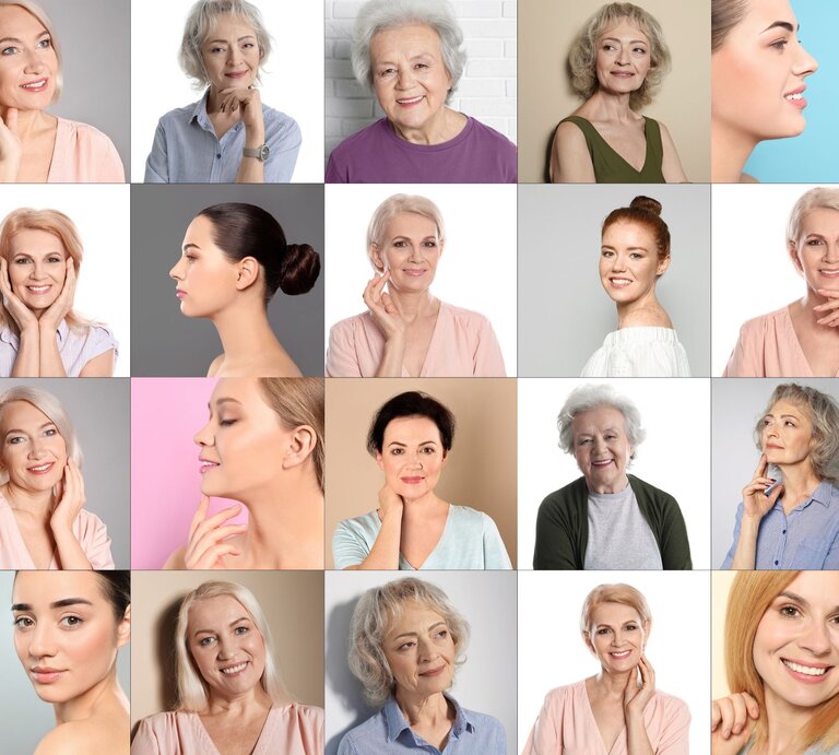  Collage aus vielen Porträts von Frauen unterschiedlichen Alters. Die Fotos sind in einem Raster angeordnet, und jede Frau zeigt verschiedene Gesichtsausdrücke und Posen. | © Adobe Stock /  New Africa