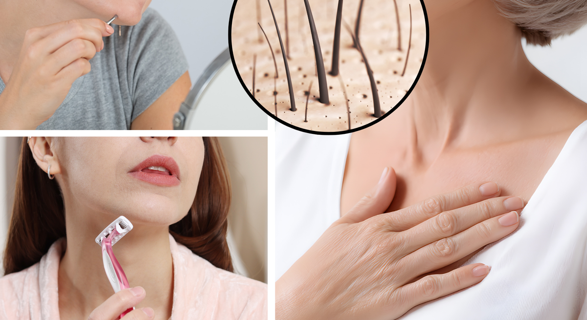 Zwei Frauen entfernen Gesichtshaare mit Pinzette und Rasierer, daneben Nahaufnahme von Haarwuchs und ältere Frau mit Hand auf Brust.