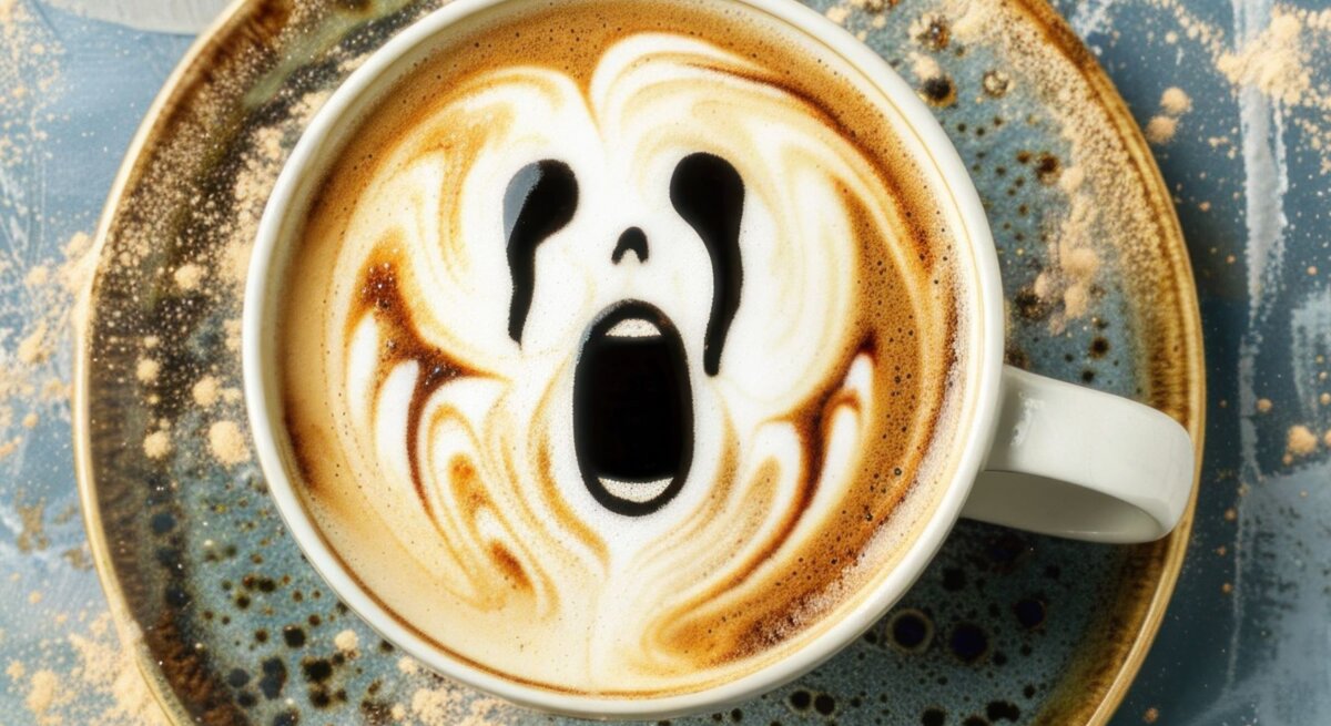 Cappuccino mit kunstvollem Schaum in Form eines schreienden Gesichts, serviert auf einem rustikalen Teller mit blauem Farbspritzern.