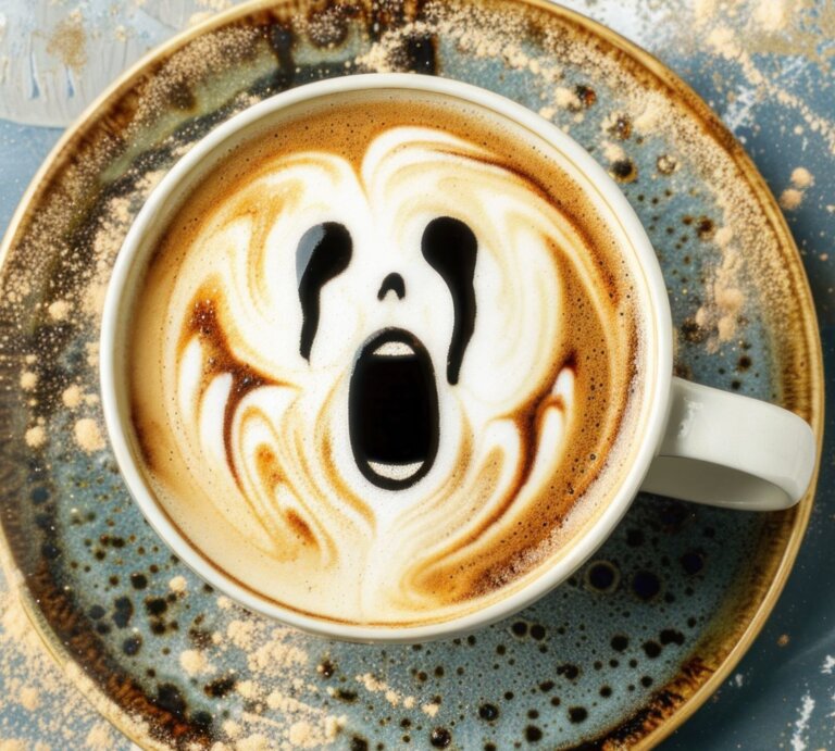 Cappuccino mit kunstvollem Schaum in Form eines schreienden Gesichts, serviert auf einem rustikalen Teller mit blauem Farbspritzern. | © Adobe Stock/ Kondor83 (Generiert mit KI)