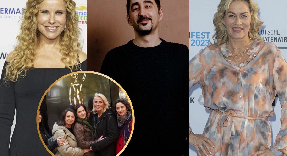 Eine blonde Frau mit Locken, ein Mann mit Bart und eine Frau in einem bunten Kleid stehen nebeneinander, davor ein Kreisbild von vier Frauen in Herbstkleidung.