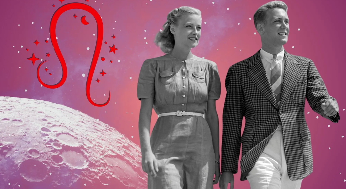 Liebeshoroskop für das Sternzeichen Löwe: llustration eines Paares vor einem pink-lilafarbenen Weltraumhintergrund mit Sternenhimmel und Mond. Links im Bild ist das rote Symbol Tierkreiszeichens Löwe.
