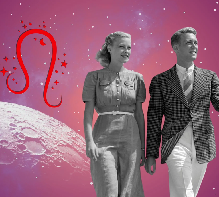 Liebeshoroskop für das Sternzeichen Löwe: llustration eines Paares vor einem pink-lilafarbenen Weltraumhintergrund mit Sternenhimmel und Mond. Links im Bild ist das rote Symbol Tierkreiszeichens Löwe. | © Getty Images/ Armstrong Roberts, sceptical cactus, OyoyStudio, artist4love und kucingpink/ mohamad imron hamsyah via Canva.com [M]