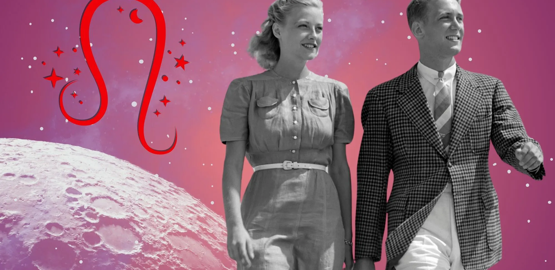 Liebeshoroskop für das Sternzeichen Löwe: llustration eines Paares vor einem pink-lilafarbenen Weltraumhintergrund mit Sternenhimmel und Mond. Links im Bild ist das rote Symbol Tierkreiszeichens Löwe. | © Getty Images/ Armstrong Roberts, sceptical cactus, OyoyStudio, artist4love und kucingpink/ mohamad imron hamsyah via Canva.com [M]