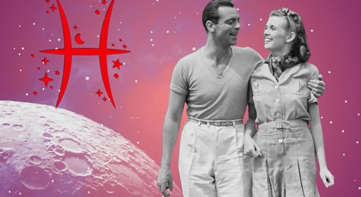 Liebeshoroskop für das Sternzeichen Fische: llustration eines Paares vor einem pink-lilafarbenen Weltraumhintergrund mit Sternenhimmel und Mond. Links im Bild ist das rote Symbol Tierkreiszeichens Fische.