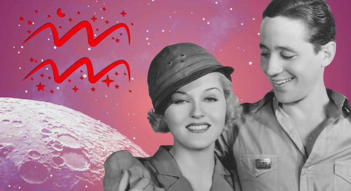 Liebeshoroskop für das Sternzeichen Wassermann: llustration eines Paares vor einem pink-lilafarbenen Weltraumhintergrund mit Sternenhimmel und Mond. Links im Bild ist das rote Symbol Tierkreiszeichens Wassermann.