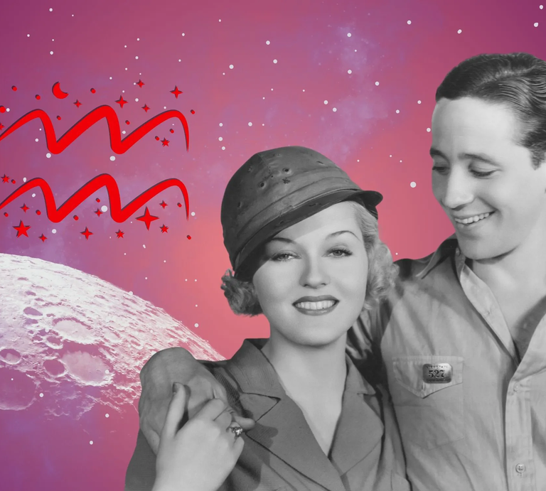 Liebeshoroskop für das Sternzeichen Wassermann: llustration eines Paares vor einem pink-lilafarbenen Weltraumhintergrund mit Sternenhimmel und Mond. Links im Bild ist das rote Symbol Tierkreiszeichens Wassermann. | © Getty Images/ Screen Archives, sceptical cactus, OyoyStudio, artist4love und kucingpink/ mohamad imron hamsyah via Canva.com [M]