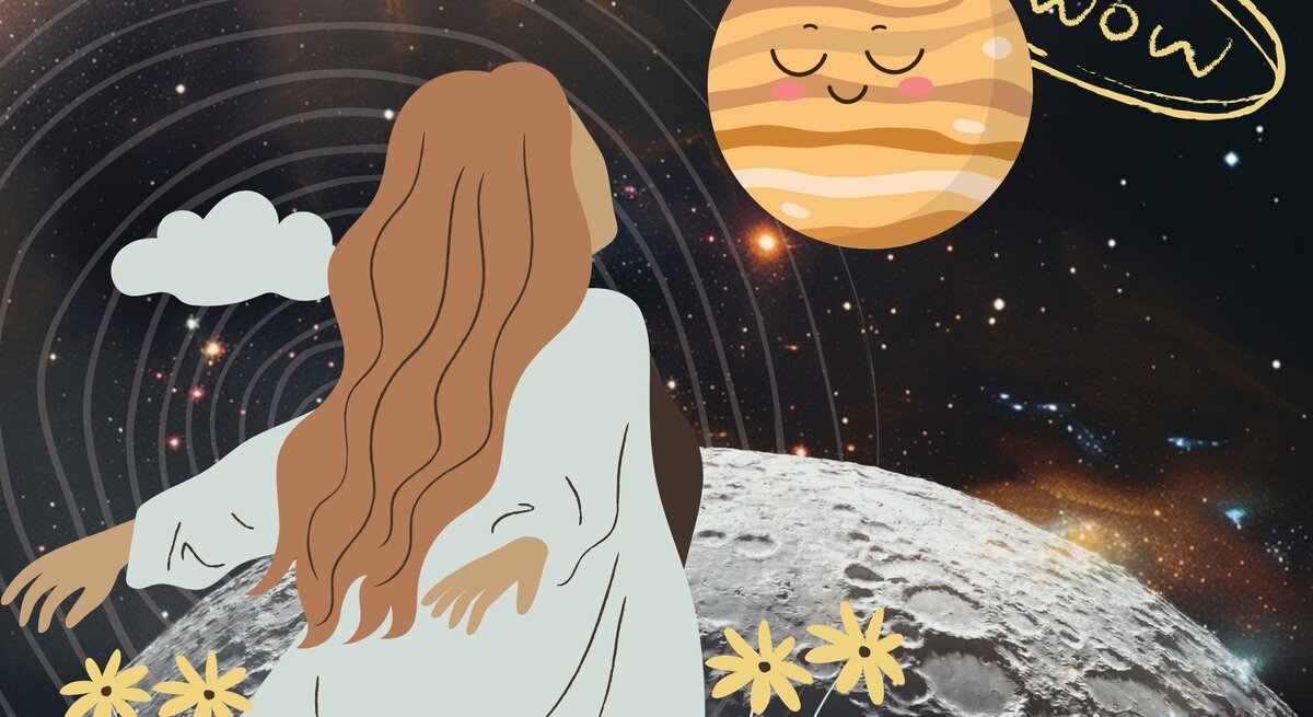 Illustration einer Frau mit langen, rötlich-braunen Haaren, die im Weltraum steht und zum Planeten Jupiter blickt, der mit einem lächelnden Gesicht und der Sprechblase „Wow“ dargestellt ist. Im Vordergrund sind gelbe Blumen und eine graue Mondoberfläche zu sehen, im Hintergrund funkelt ein Sternenhimmel mit Spiralformen.