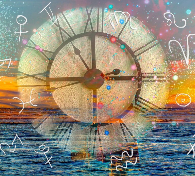 Symbolisches, digital überblendetes Bild mit einer antiken Uhr vor einem Sonnenuntergang über dem Meer. Überlagert sind leuchtende astrologische Symbole der Sternzeichen sowie funkelnde Lichtpunkte – eine visuelle Darstellung von Zeit, Kosmos und astrologischer Bedeutung. | ©  Getty Images/ Dzhulbee via Canva.com [M]