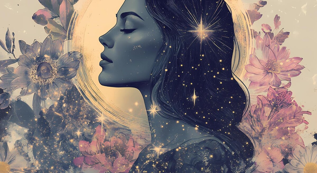 Eine mystische, künstlerische Illustration einer Frau im Profil mit geschlossenen Augen. Ihr dunkles Haar ist mit leuchtenden Sternen durchzogen, die an ein Sternenbild erinnern. Ein goldener Lichtschein umgibt ihren Kopf, ähnlich einem Heiligenschein. Im Hintergrund blühen verschiedene Blumen in sanften Rosa- und Beigetönen, während ein Schmetterling sanft in der Luft schwebt. Die Szene vermittelt eine spirituelle und verträumte Atmosphäre.