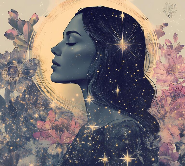 Eine mystische, künstlerische Illustration einer Frau im Profil mit geschlossenen Augen. Ihr dunkles Haar ist mit leuchtenden Sternen durchzogen, die an ein Sternenbild erinnern. Ein goldener Lichtschein umgibt ihren Kopf, ähnlich einem Heiligenschein. Im Hintergrund blühen verschiedene Blumen in sanften Rosa- und Beigetönen, während ein Schmetterling sanft in der Luft schwebt. Die Szene vermittelt eine spirituelle und verträumte Atmosphäre. | © Adobe Stock/ Thiago (KI generiert) 