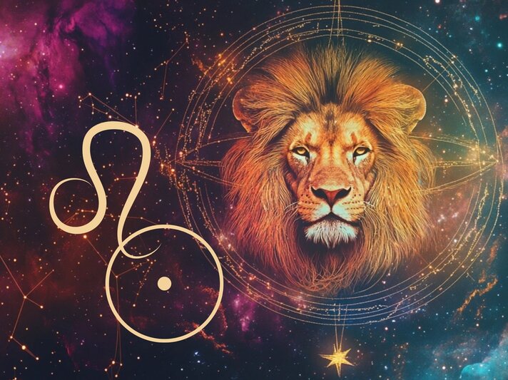 Eine Collage in freundlichen Farben zeigt den Kopf eines Löwen, daneben sind das astrologische Symbol für das Sternzeichen Löwe und das astrologische Symbol der Sonne, ein Kreis mit einem Punkt darin, zu sehen.  | © Artulina und Vital Intent/ Jessica Aceret via Canva.com (erstellt mit Midjourney) [M]