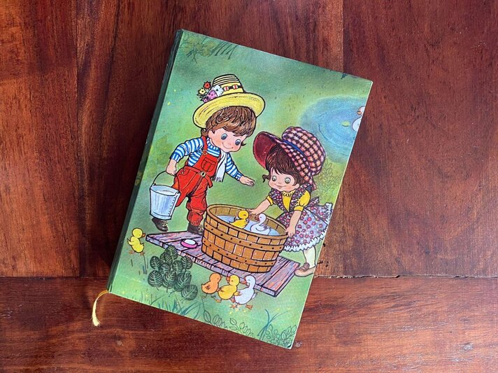Ein grünes kleines Buch mit zwei gezeichneten Kindern liegt auf einem Holztisch. | © Privatarchiv