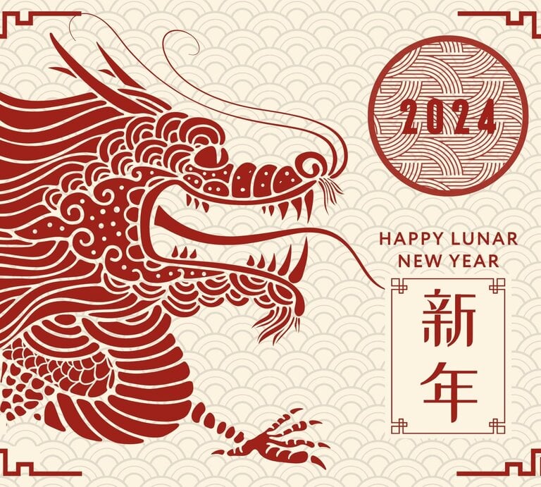 Zeichnung eines chinesischen Drachen, chinesische Schriftzeichen und die Jahreszahl 2024 zum chinesischen Neujahrsfest. | © Atstock Production, Vector beauty, Angelica Mariotti und talexstock via Canvas.com [M]