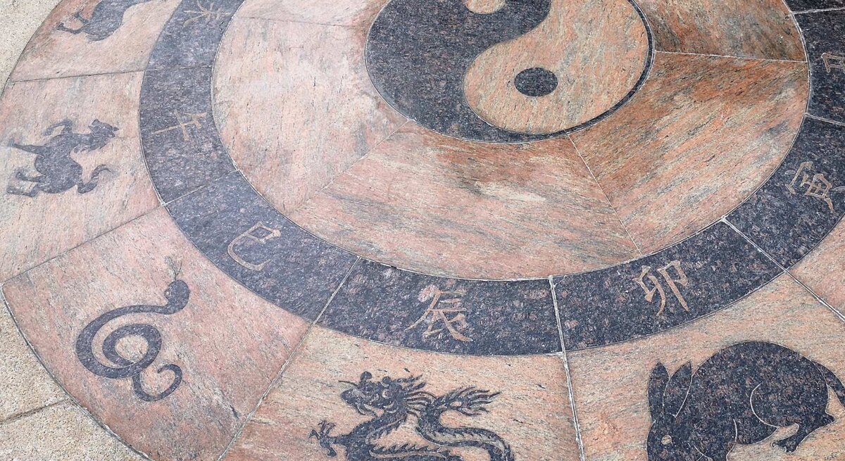 Ein runder, steinerner Boden mit gravierten Symbolen der chinesischen Tierkreiszeichen, darunter Drache, Schlange, Hase und Pferd. In der Mitte ist das Yin-Yang-Symbol abgebildet, das die Balance von Gegensätzen in der chinesischen Philosophie symbolisiert.