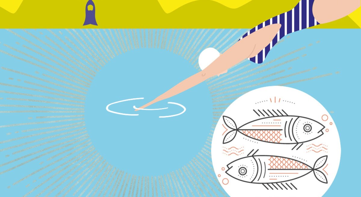 Eine stilisierte Illustration zeigt eine Person im Badeanzug, die über eine Wasseroberfläche gleitet und mit ihrem Finger sanft die Wasseroberfläche berührt, wodurch Kreise entstehen. Neben ihr ist das Symbol des Sternzeichens Fische zu sehen. Die ruhigen Farben und das Wasser symbolisieren Achtsamkeit, Ruhe und eine tiefe Verbindung zur Natur, passend zu den Eigenschaften des Sternzeichens Fische.