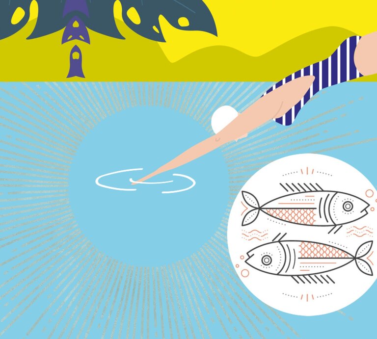 Eine stilisierte Illustration zeigt eine Person im Badeanzug, die über eine Wasseroberfläche gleitet und mit ihrem Finger sanft die Wasseroberfläche berührt, wodurch Kreise entstehen. Neben ihr ist das Symbol des Sternzeichens Fische zu sehen. Die ruhigen Farben und das Wasser symbolisieren Achtsamkeit, Ruhe und eine tiefe Verbindung zur Natur, passend zu den Eigenschaften des Sternzeichens Fische. | © Getty Images und Julia Dreams via Canva.com [M]