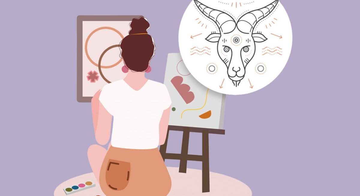 Eine Illustration einer Frau mit dunklem, hochgestecktem Haar sitzt auf dem Boden und malt an einer Staffelei. Neben ihr stehen Malutensilien wie Farben und Pinsel. Im Bild ist ein überlagerter Kreis mit einem minimalistischen Steinbock-Symbol zu sehen, das das Sternzeichen Steinbock darstellt. Der Hintergrund ist in einem beruhigenden Lavendelton gehalten, was eine entspannte, kreative Atmosphäre vermittelt.
