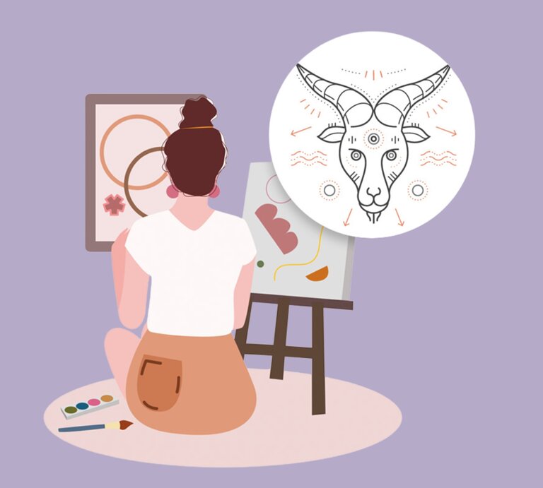 Eine Illustration einer Frau mit dunklem, hochgestecktem Haar sitzt auf dem Boden und malt an einer Staffelei. Neben ihr stehen Malutensilien wie Farben und Pinsel. Im Bild ist ein überlagerter Kreis mit einem minimalistischen Steinbock-Symbol zu sehen, das das Sternzeichen Steinbock darstellt. Der Hintergrund ist in einem beruhigenden Lavendelton gehalten, was eine entspannte, kreative Atmosphäre vermittelt. | © Getty Images [M]