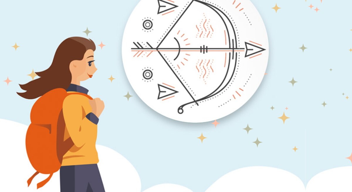 Illustration einer Frau mit einem Rucksack, die vor einem Symbol des Schützen-Sternzeichens steht. Um sie herum funkeln kleine Sterne am Himmel, was eine abenteuerliche und optimistische Atmosphäre vermittelt, passend zur Energie des Schützen.