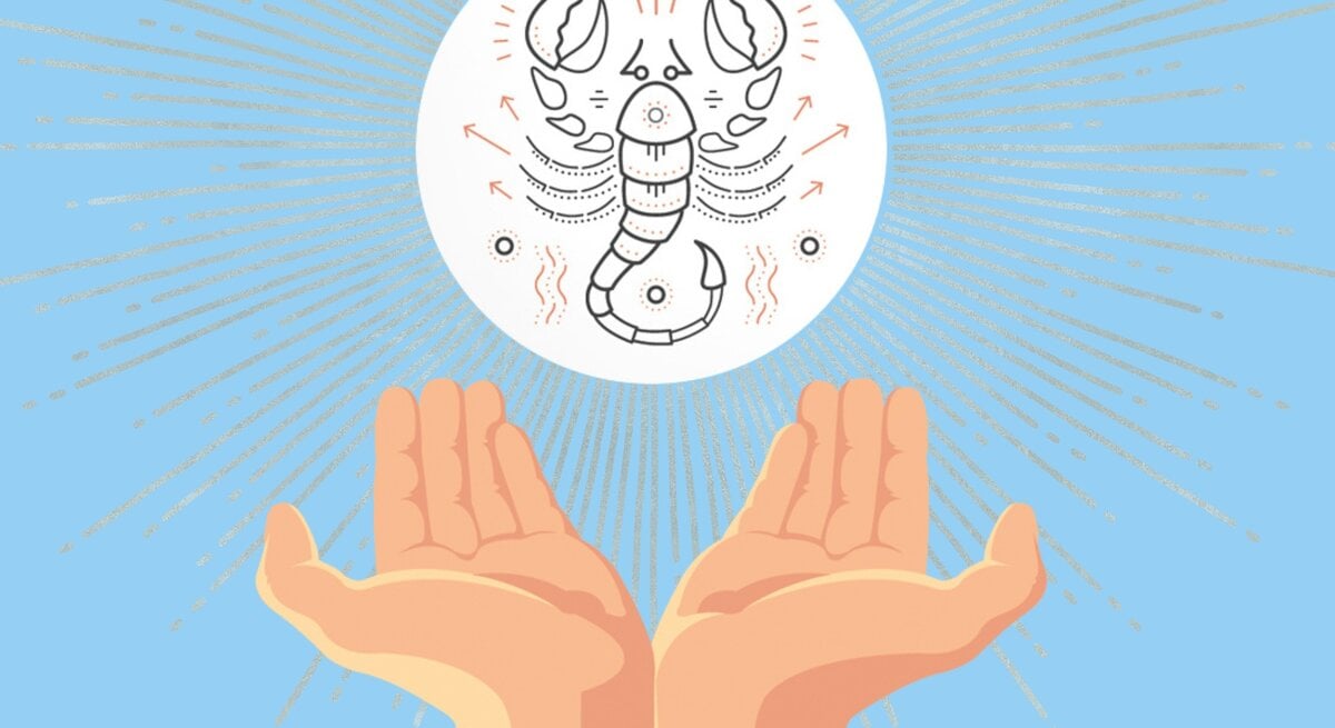 Illustration von zwei geöffneten Händen, die in Richtung einer strahlenden Sonne gehalten werden, in der das Symbol des Skorpions abgebildet ist. Die Szene vermittelt eine spirituelle und astrologische Atmosphäre, die auf Transformation und Achtsamkeit hinweist, passend zur Skorpion-Energie.