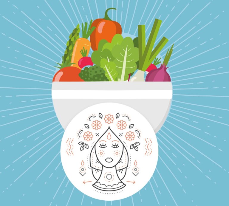 Eine stilisierte Grafik zeigt eine Schüssel, die mit frischem Gemüse wie Paprika, Karotten, Brokkoli und Radieschen gefüllt ist. Darunter befindet sich ein kreisförmiges Symbol, das ein abstrahiertes Bild einer Jungfrau darstellt, umgeben von Blumen und Ornamenten. Der Hintergrund der Grafik ist hellblau, und strahlenförmige Linien umgeben die Schüssel, was dem Bild eine strahlende, positive Ausstrahlung verleiht. | © Getty Images und Julia Dreams via Canva.com [M]
