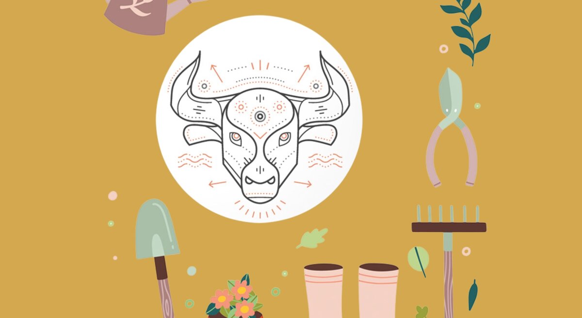 Vor einem senfgelben Hintergrund ist das Symbol des Sternzeichens Stier als stilisierte Illustration zu sehen. Um das Symbol sind Gartenwerkzeuge wie eine Gießkanne, eine Schaufel, eine Gartenschere, ein Rechen, Gummistiefel und ein Blumentopf mit Blumen arrangiert. Diese Objekte symbolisieren Achtsamkeit, Erdverbundenheit und Pflege, passend zum praktischen und naturverbundenen Charakter des Stiers.