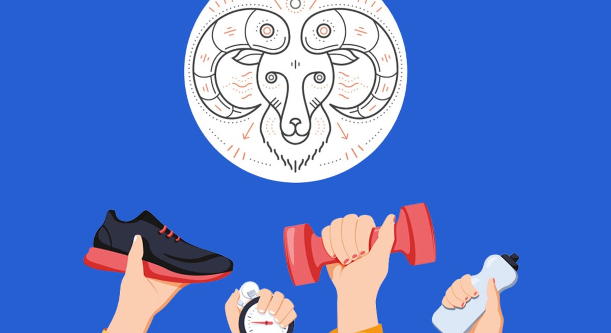Vor einem blauen Hintergrund ist das Symbol des Sternzeichens Widder als stilisierte Illustration zu sehen. Darunter erheben drei Hände verschiedene Objekte: einen Laufschuh, eine Stoppuhr und eine Hantel sowie eine Wasserflasche, die alle auf körperliche Aktivität und Selbstfürsorge hindeuten. Das Bild symbolisiert Achtsamkeit, Bewegung und einen aktiven Lebensstil, speziell auf das Sternzeichen Widder bezogen.