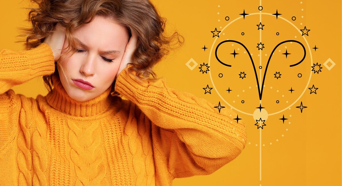 Eine junge Frau mit lockigem Haar, die einen gelben Strickpullover trägt, hält sich die Hände an den Kopf und wirkt gestresst. Im Hintergrund befindet sich ein astrologisches Symbol für das Sternzeichen Widder, umgeben von dekorativen Sternen und geometrischen Mustern, auf einem gelben Hintergrund.