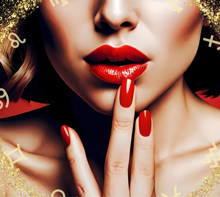 Eine Nahaufnahme eines weiblichen Gesichts mit glänzendem, roten Lippenstift und passenden roten Fingernägeln. Die Frau berührt mit einem Finger ihre Lippen, was einen geheimnisvollen und verführerischen Eindruck vermittelt. Der Hintergrund ist in einem satten Rot gehalten, verziert mit goldenen Glitzerpartikeln und Symbolen verschiedener Sternzeichen, die um das Gesicht verteilt sind. | © Adobe Stock/ fotoart89 (KI-generiert), JMBee Studio und Chikovnaya via Canva.com [M]