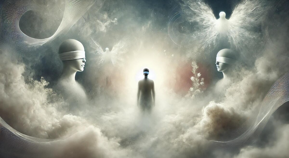 Eine traumähnliche Szene zeigt eine Person, die in einer nebligen, ätherischen Landschaft steht und Blindheit symbolisiert. Die Augen der Person sind geschlossen, und sie ist von einem weichen, leuchtenden Licht umgeben. Der Hintergrund besteht aus undeutlichen, nebeligen Formen und Schatten, was ein Gefühl von Unsicherheit und Geheimnis erzeugt. Die Atmosphäre ist nachdenklich und introspektiv, mit einem Hauch von spirituellem Erwachen. Die Farbpalette ist gedämpft, mit Grautönen, Weiß und sanften Blautönen, die die surreale und rätselhafte Stimmung verstärken.