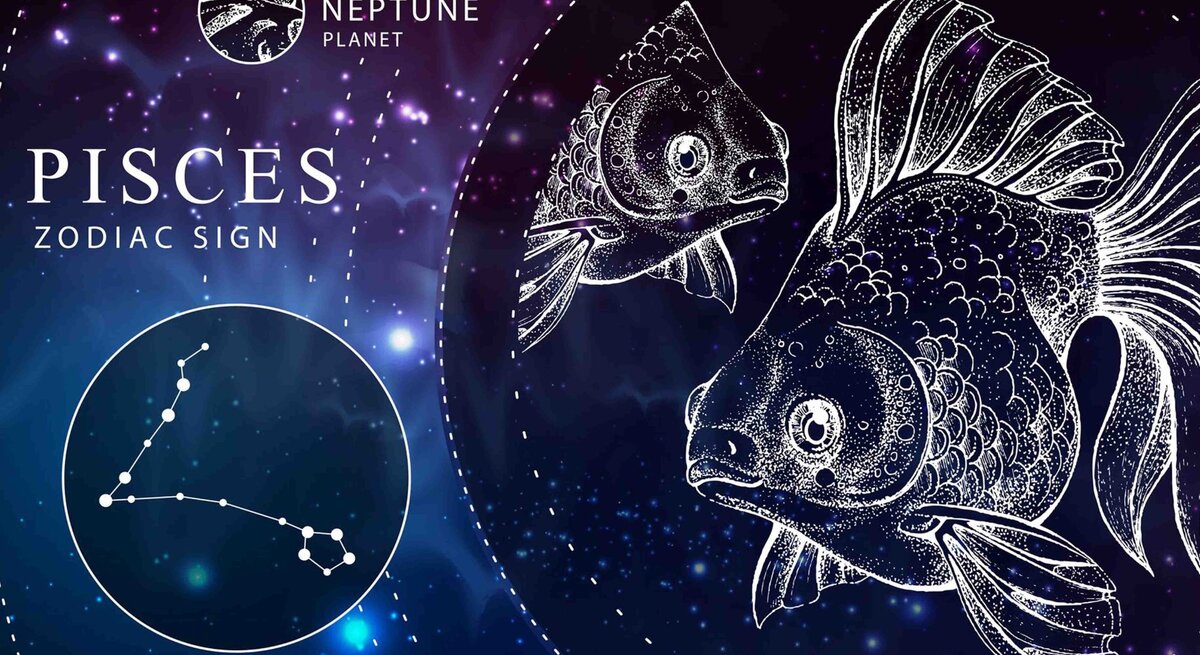 Das Sternzeichen Fische als weiße Grafik vor dunkelblauem Hintergrund, der an das Universum erinnert. Daneben ebenfalls gezeichnet der Planetenherrscher Neptun und das Sternbild Fisch.