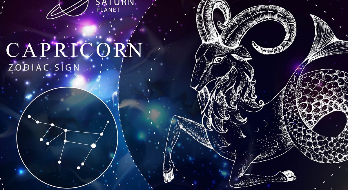 Das Sternzeichen Steinbock als weiße Grafik vor dunkelblauem Hintergrund, der an das Universum erinnert. Daneben ebenfalls gezeichnet der Planetenherrscher Saturn und das Sternbild Steinbock.
