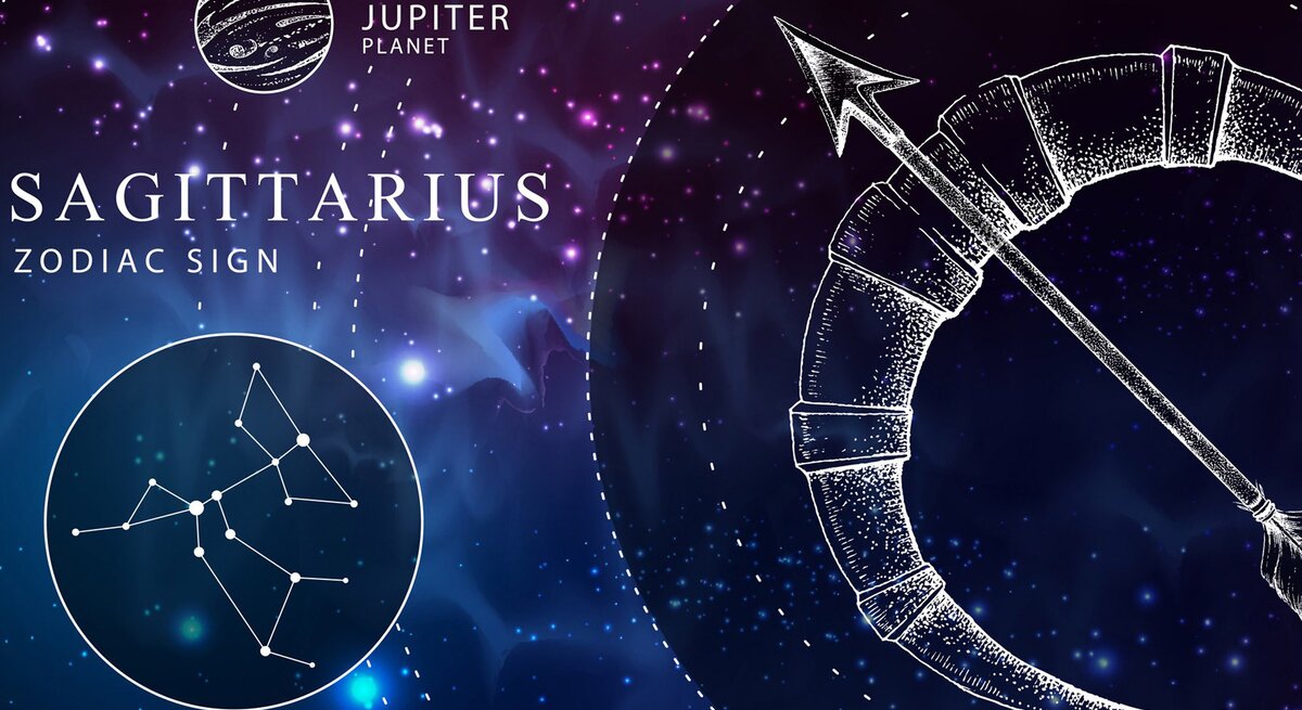 Das Sternzeichen Schütze als weiße Grafik vor dunkelblauem Hintergrund, der an das Universum erinnert. Daneben ebenfalls gezeichnet der Planetenherrscher Jupiter und das Sternbild Schütze.