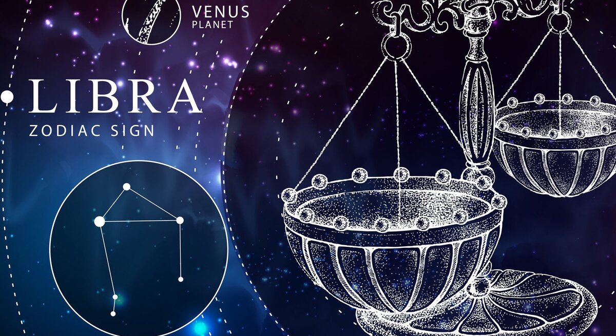 Das Sternzeichen Waage als weiße Grafik vor dunkelblauem Hintergrund, der an das Universum erinnert. Daneben ebenfalls gezeichnet der Planetenherrscher Venus und das Sternbild Waage.
