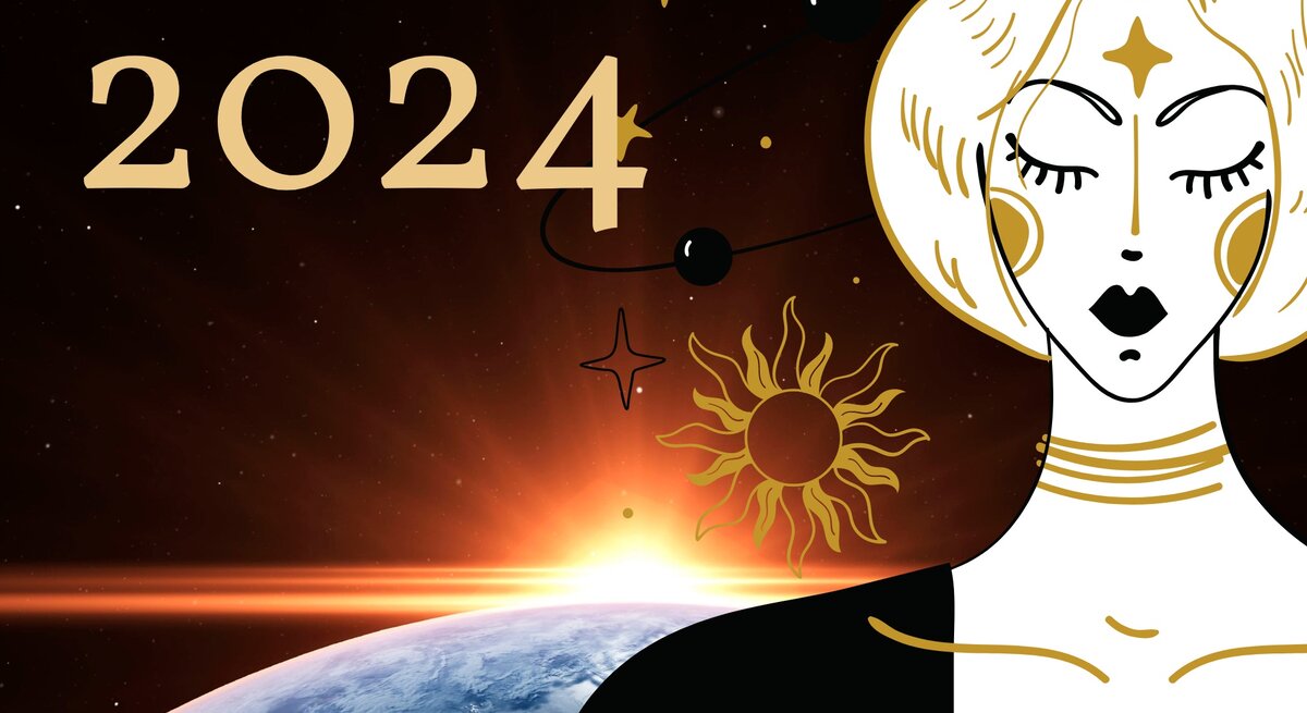 Grafik einer Frau, die von Sternen und der Sonne umgeben ist in den Farben Schwarz, Braun und Weiß. Im Hintergrund ist der Weltraum zu sehen und wie die Sonne gerade hinter der Erde aufgeht. Außerdem ist die Jahreszahl 2024 zu sehen. 