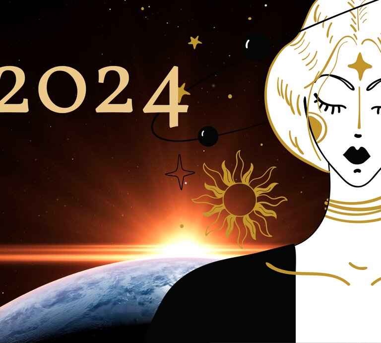 Grafik einer Frau, die von Sternen und der Sonne umgeben ist in den Farben Schwarz, Braun und Weiß. Im Hintergrund ist der Weltraum zu sehen und wie die Sonne gerade hinter der Erde aufgeht. Außerdem ist die Jahreszahl 2024 zu sehen.  | © Antusenok Tanya und sciencephoto via Canva.com [M] 