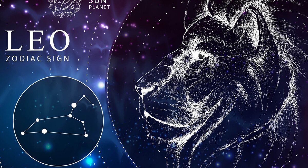 Das Sternzeichen Löwe als weiße Grafik vor dunkelblauem Hintergrund, der an das Universum erinnert. Daneben ebenfalls gezeichnet der Planetenherrscher Sonne und das Sternbild Löwe.