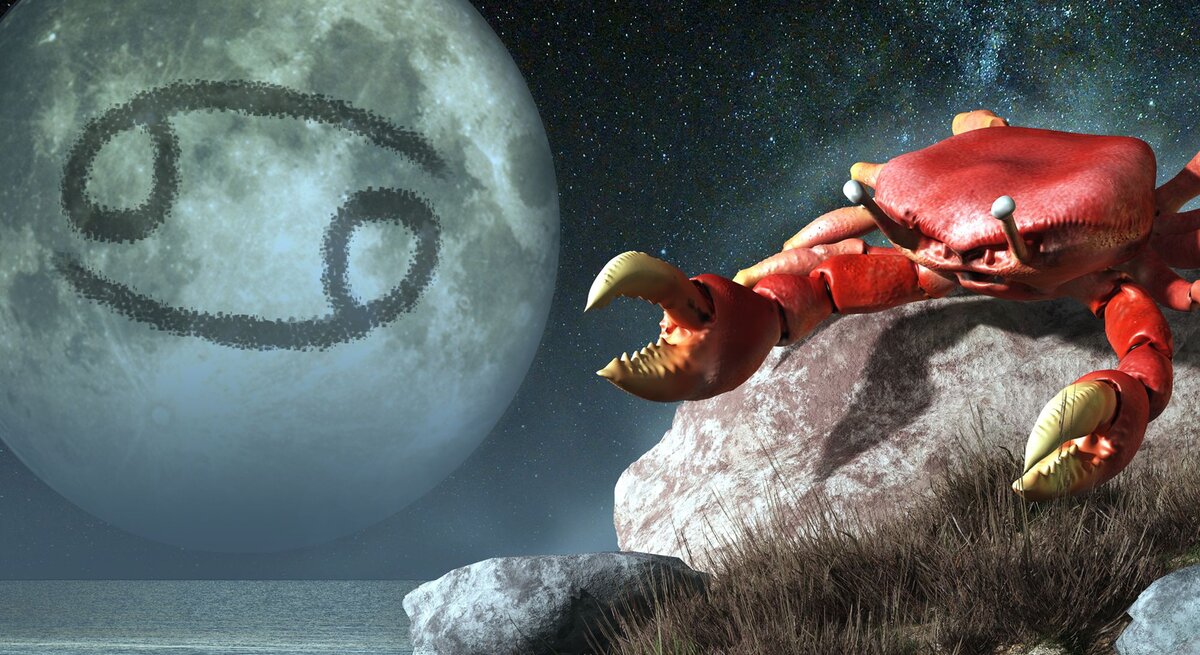 Zu sehen ist die Zeichnung des Mondes, der über einem Gewässer schwebt. In ihm ist das astrologische Symbol des Sternzeichens Krebs zu sehen, zwei sich gegenüber liegende Mondsicheln. 