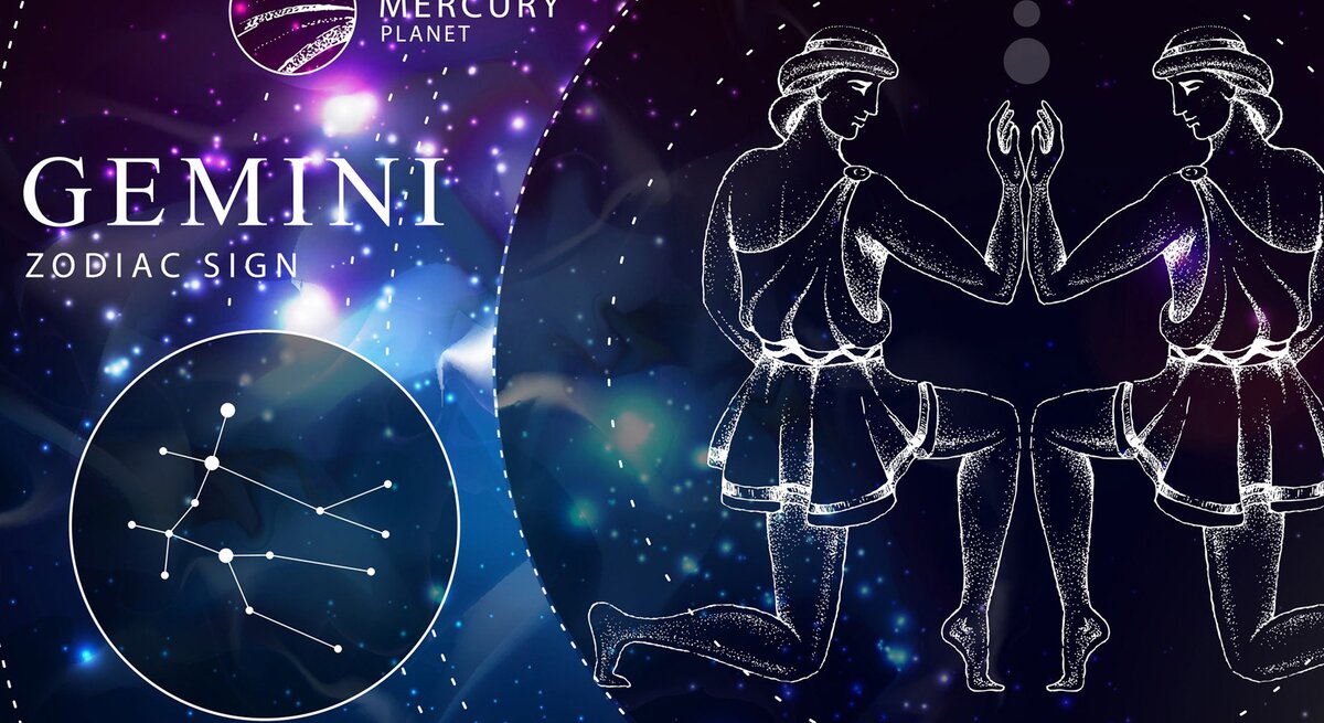 Das Sternzeichen Zwillinge als weiße Grafik vor dunkelblauem Hintergrund, der an das Universum erinnert. Daneben ebenfalls gezeichnet der Planetenherrscher Merkur und das Sternbild Zwillinge.