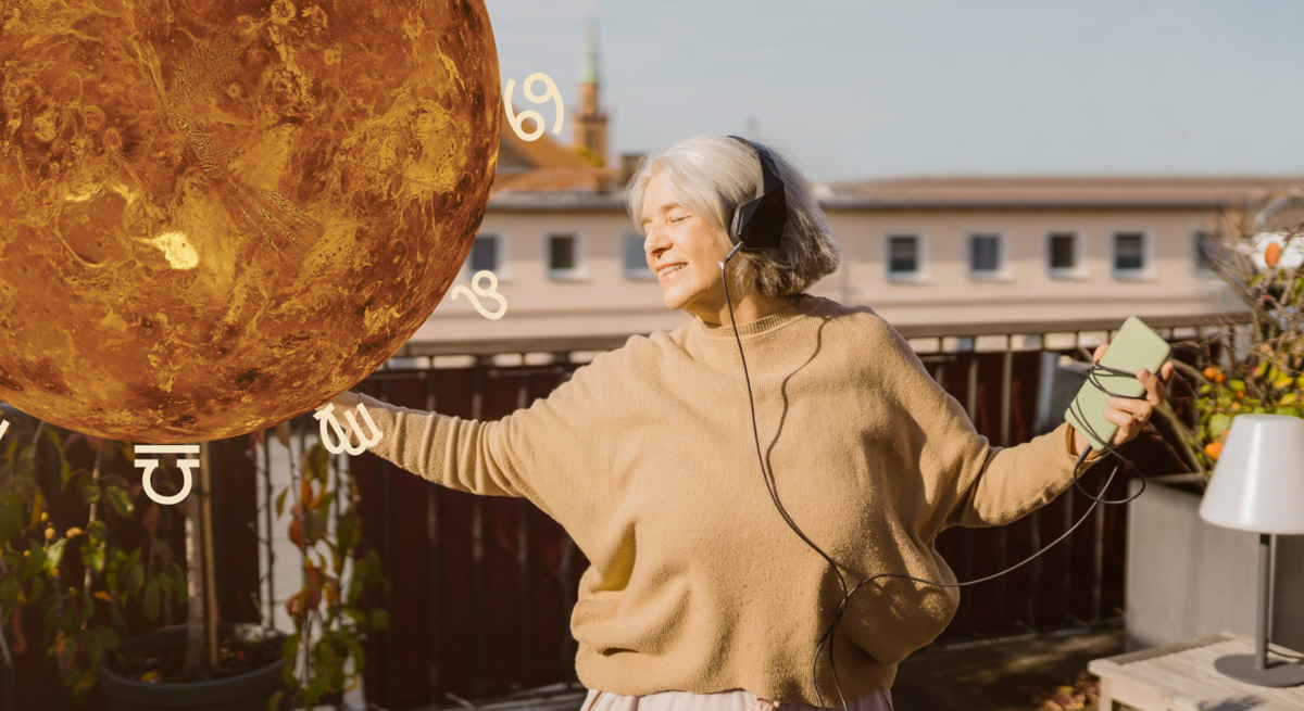 Frau die tanzt mit astrologischen Zeichen 