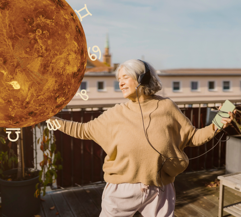 Frau die tanzt mit astrologischen Zeichen  | © Maskot/Gettyimages und Chikovnaya via Canva.com [M]