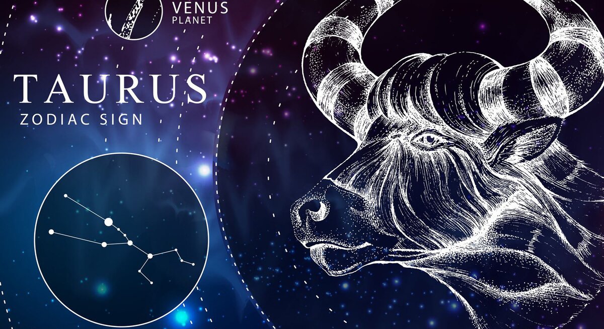 Das Sternzeichen Stier als weiße Grafik vor dunkelblauem Hintergrund, der an das Universum erinnert. Daneben ebenfalls gezeichnet der Planetenherrscher Venus und das Sternbild Stier.
