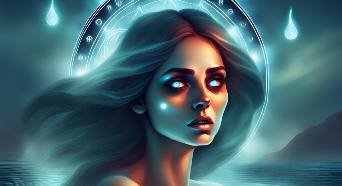 Frau mit glühenden Augen, von Wasser und astrologischen Zeichen umgeben