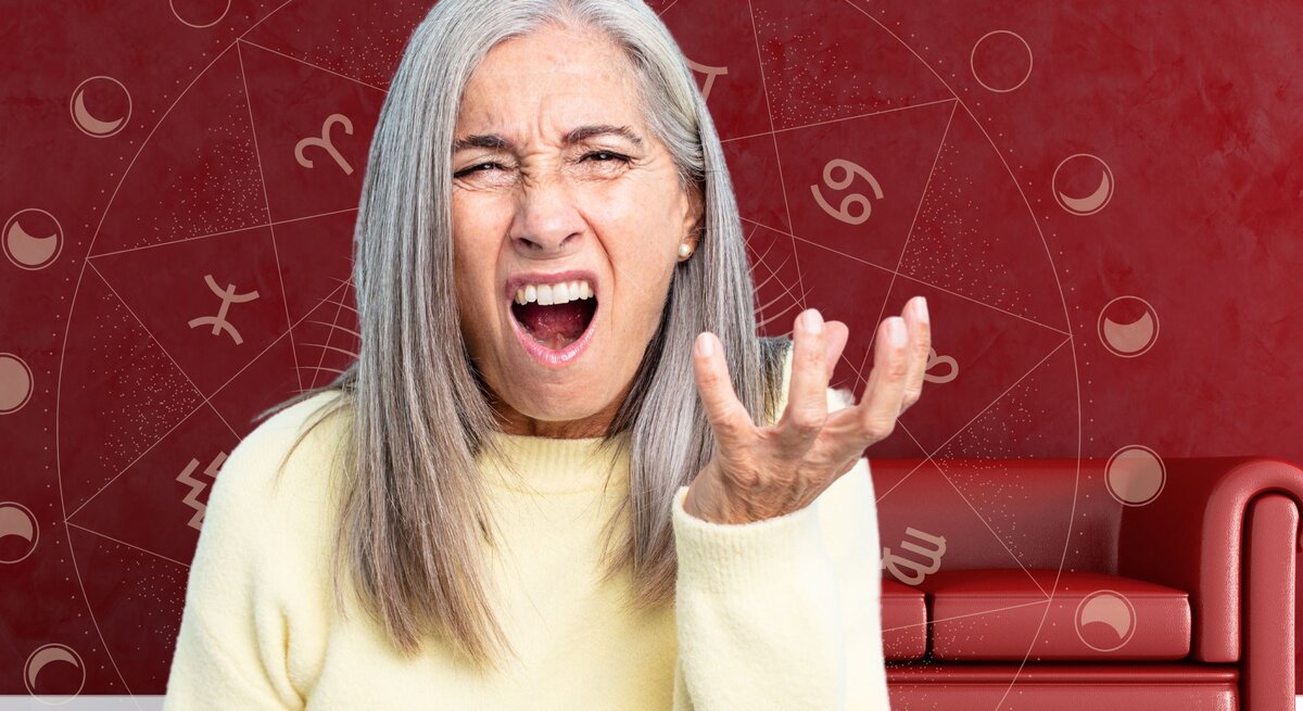 Eine grauhaarige Frau vor rotem Hintergrund macht eine genervte Geste, indem sie eine Hand hebt und die Stirn in Falten legt. Ihre Mimik scheint zu fragen: Ist das dein Ernst?